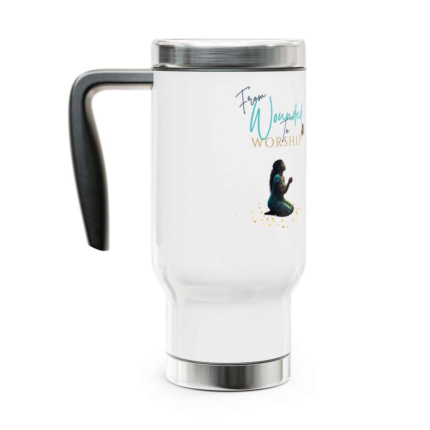 "Wounded To Worship" Stainless Steel Travel Mug with Handle, 14oz