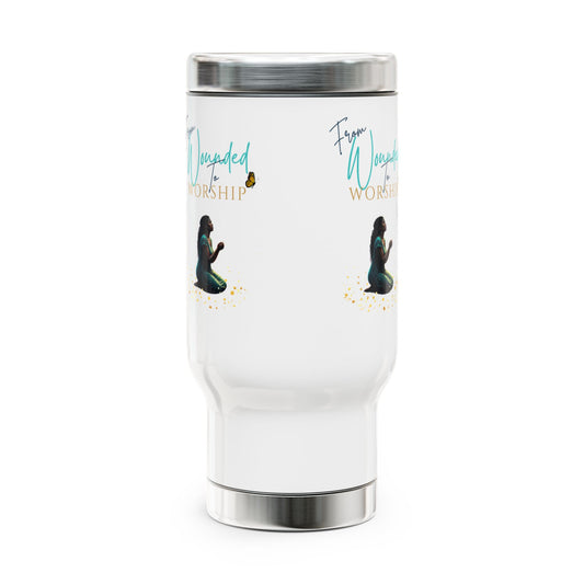 "Wounded To Worship" Stainless Steel Travel Mug with Handle, 14oz